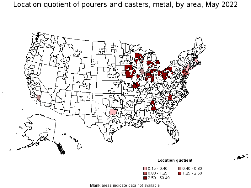 Map of location quotient of pourers and casters, metal by area, May 2022