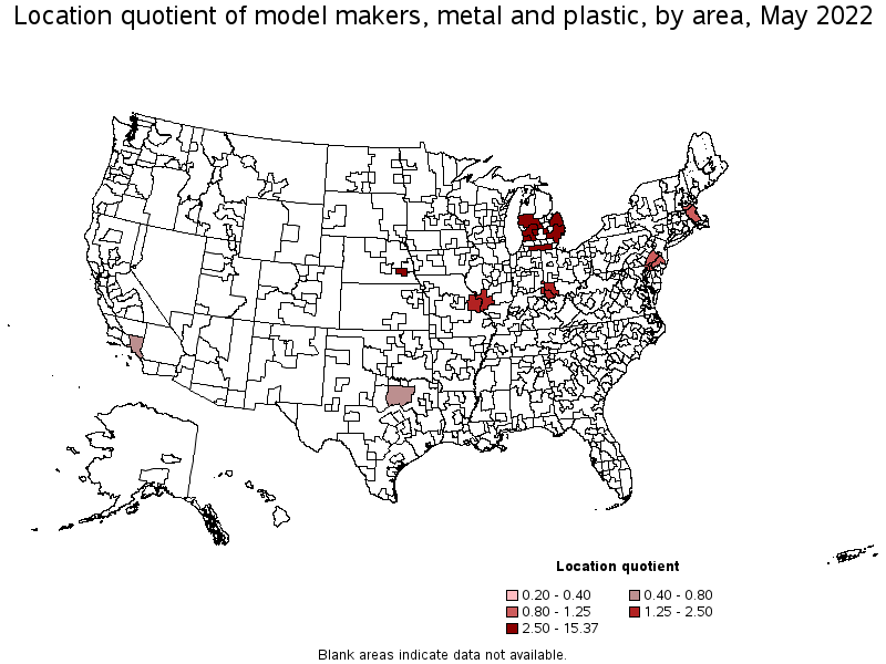 Map of location quotient of model makers, metal and plastic by area, May 2022