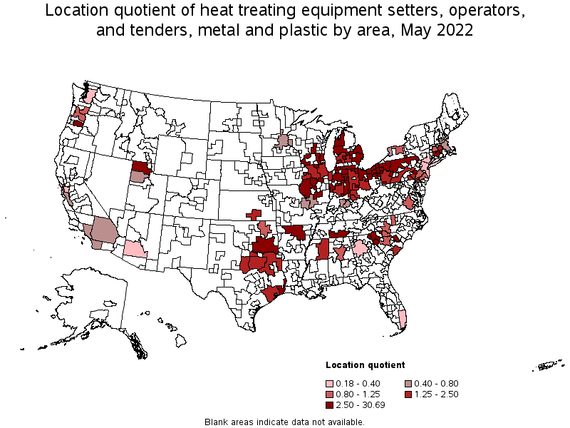 Map of location quotient of heat treating equipment setters, operators, and tenders, metal and plastic by area, May 2022