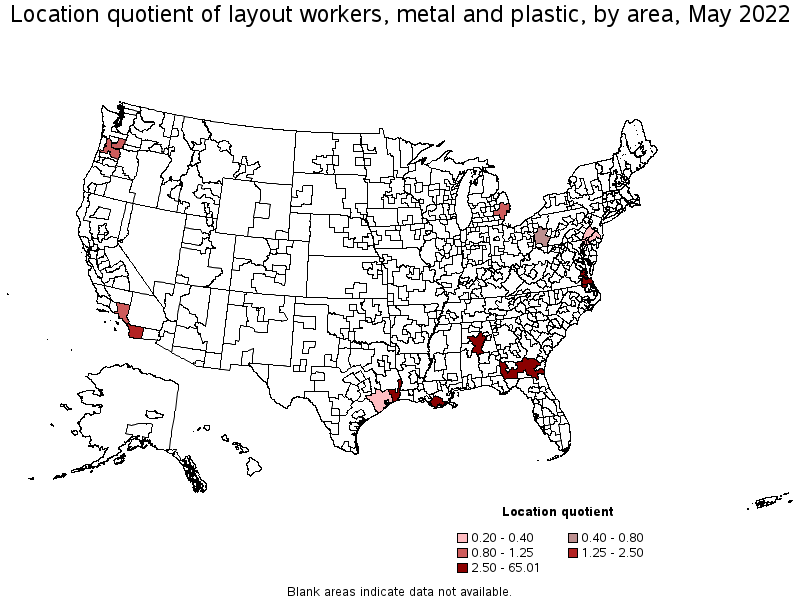 Map of location quotient of layout workers, metal and plastic by area, May 2022
