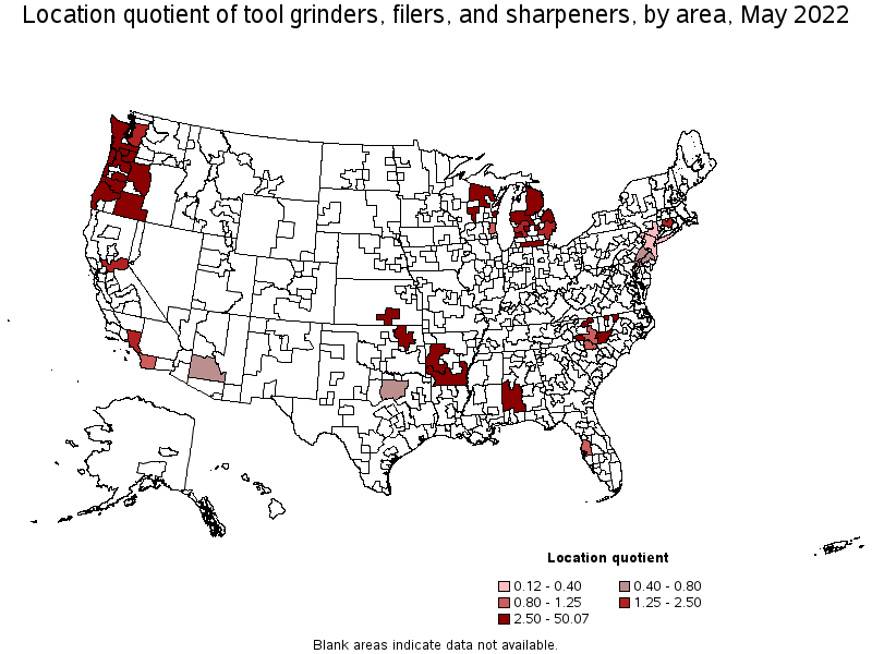 Map of location quotient of tool grinders, filers, and sharpeners by area, May 2022