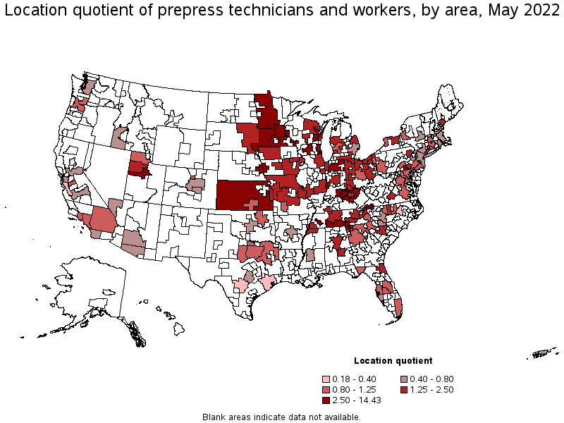 Map of location quotient of prepress technicians and workers by area, May 2022