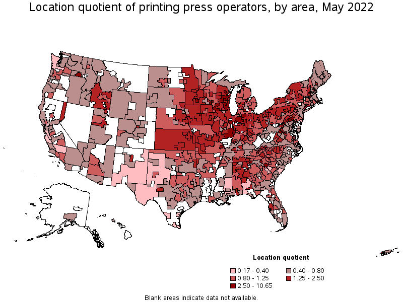 Map of location quotient of printing press operators by area, May 2022