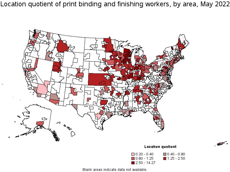 Map of location quotient of print binding and finishing workers by area, May 2022