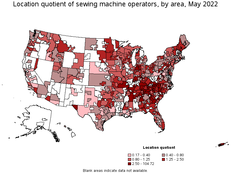 Map of location quotient of sewing machine operators by area, May 2022