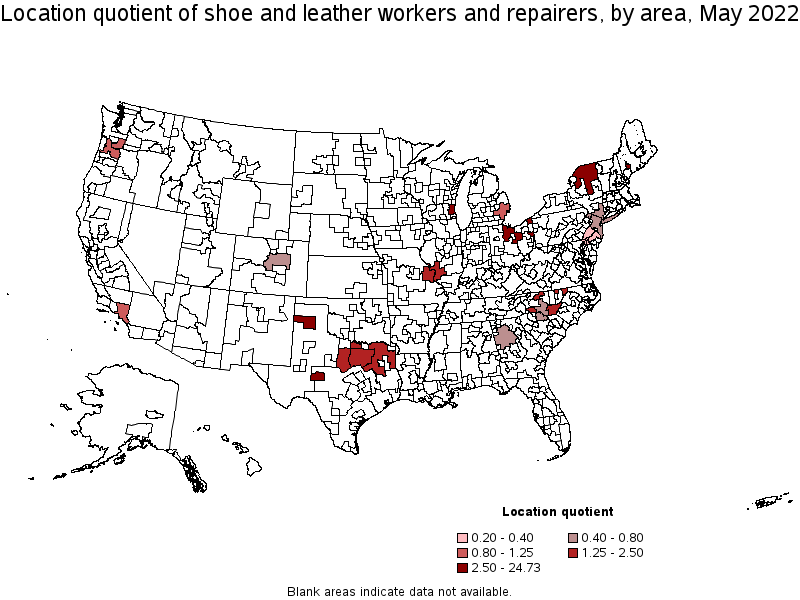 Map of location quotient of shoe and leather workers and repairers by area, May 2022