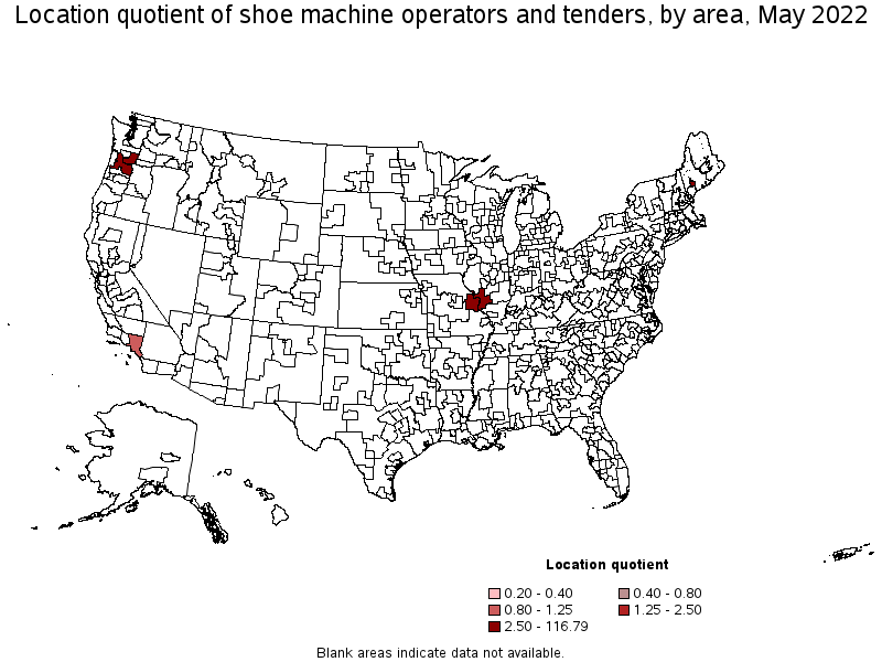 Map of location quotient of shoe machine operators and tenders by area, May 2022