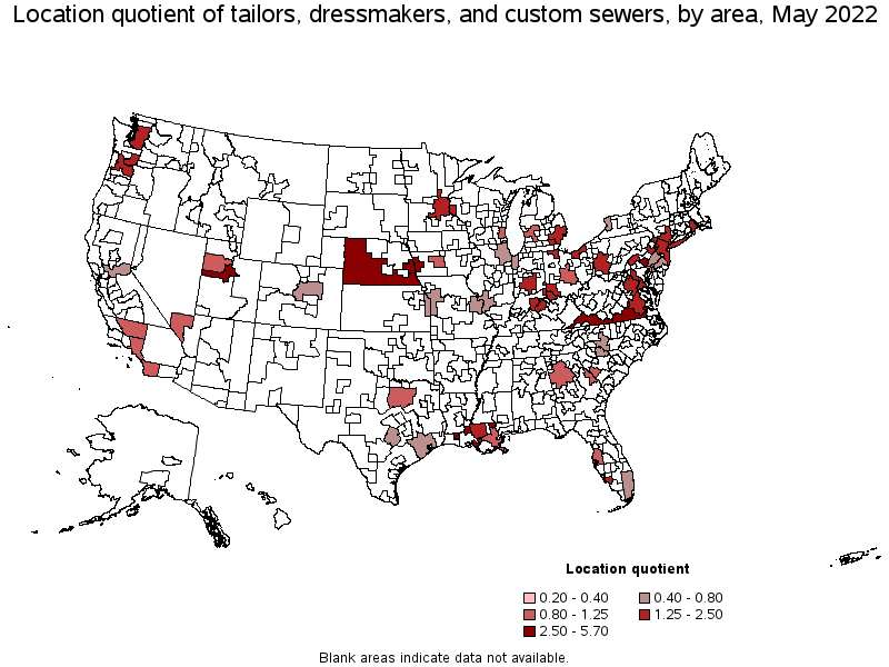 Map of location quotient of tailors, dressmakers, and custom sewers by area, May 2022