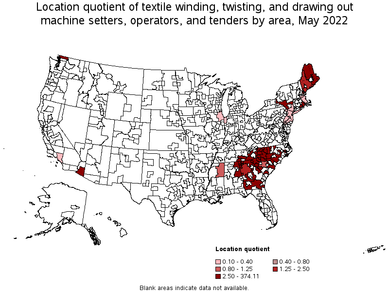 Map of location quotient of textile winding, twisting, and drawing out machine setters, operators, and tenders by area, May 2022