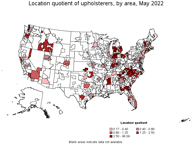 Map of location quotient of upholsterers by area, May 2022
