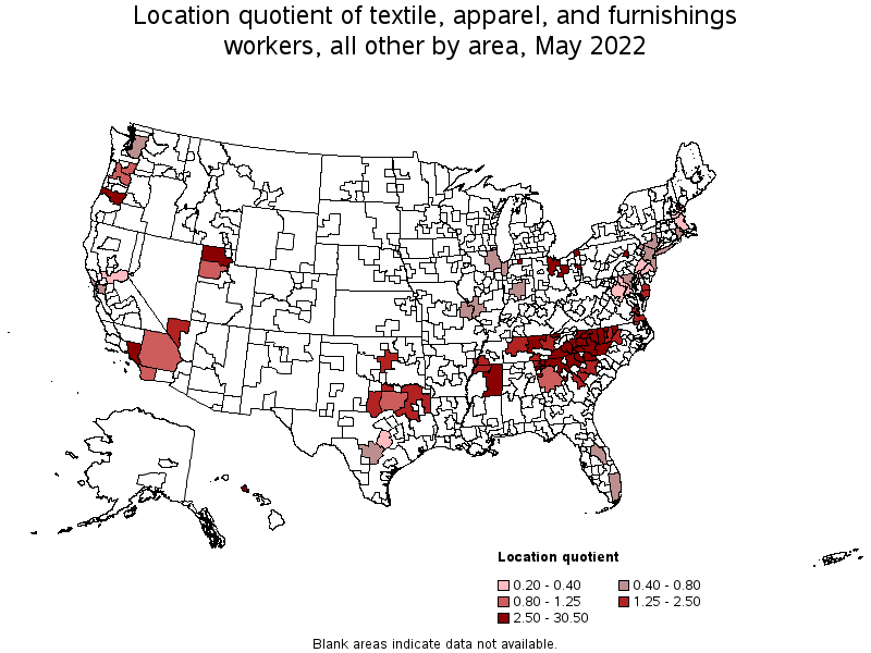 Map of location quotient of textile, apparel, and furnishings workers, all other by area, May 2022