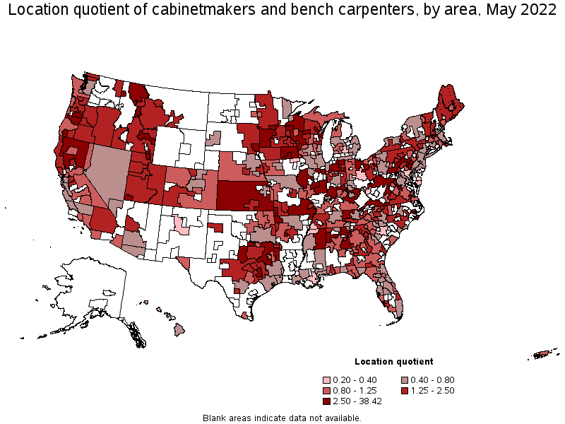 Map of location quotient of cabinetmakers and bench carpenters by area, May 2022