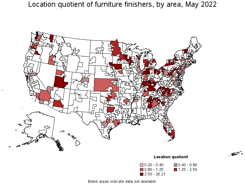 Map of location quotient of furniture finishers by area, May 2022