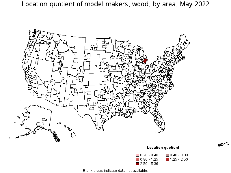 Map of location quotient of model makers, wood by area, May 2022