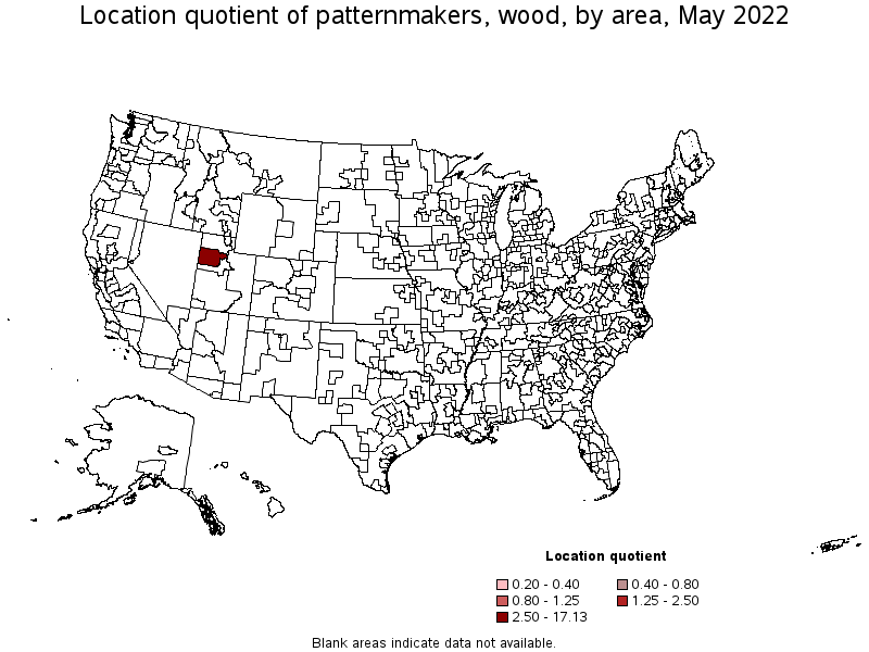 Map of location quotient of patternmakers, wood by area, May 2022