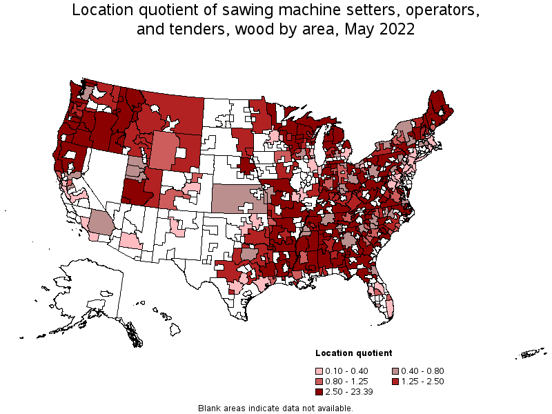 Map of location quotient of sawing machine setters, operators, and tenders, wood by area, May 2022