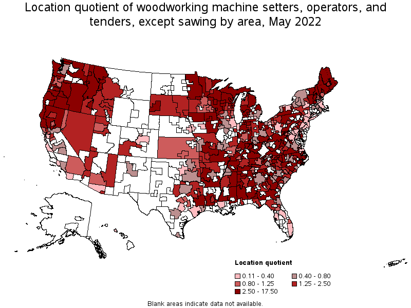 Map of location quotient of woodworking machine setters, operators, and tenders, except sawing by area, May 2022