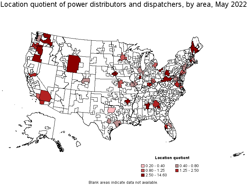 Map of location quotient of power distributors and dispatchers by area, May 2022