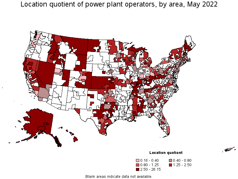 Map of location quotient of power plant operators by area, May 2022