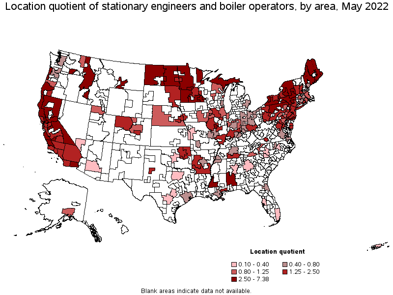 Map of location quotient of stationary engineers and boiler operators by area, May 2022