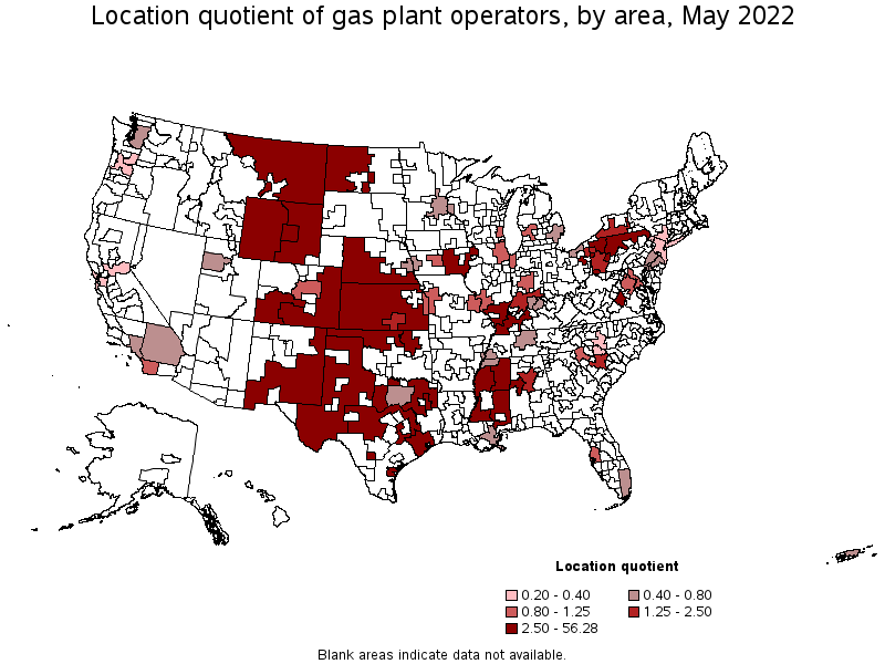 Map of location quotient of gas plant operators by area, May 2022