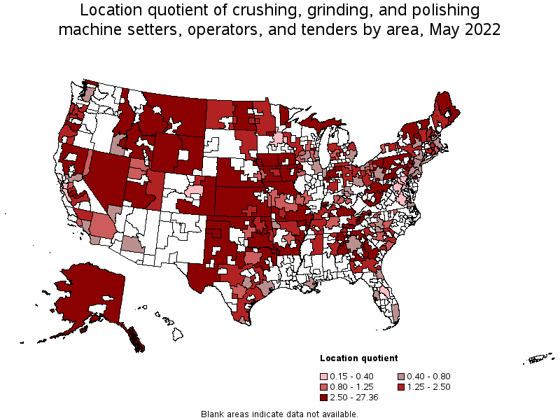 Map of location quotient of crushing, grinding, and polishing machine setters, operators, and tenders by area, May 2022