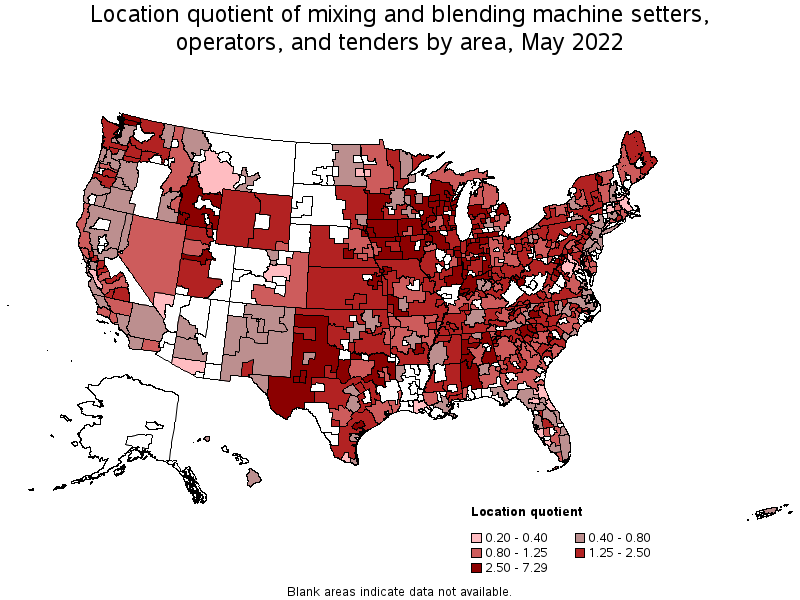 Map of location quotient of mixing and blending machine setters, operators, and tenders by area, May 2022