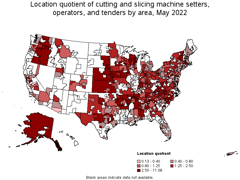 Map of location quotient of cutting and slicing machine setters, operators, and tenders by area, May 2022
