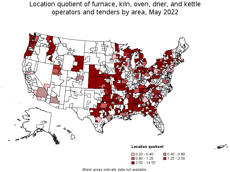 Map of location quotient of furnace, kiln, oven, drier, and kettle operators and tenders by area, May 2022