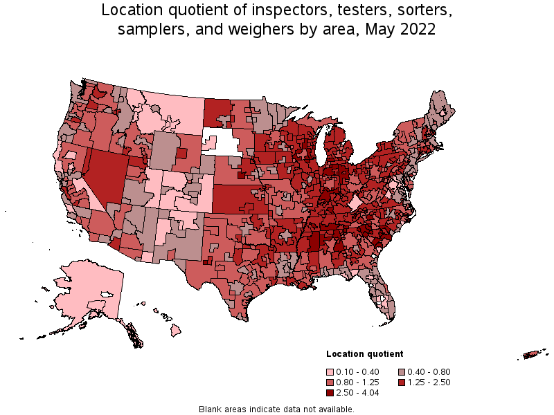 Map of location quotient of inspectors, testers, sorters, samplers, and weighers by area, May 2022