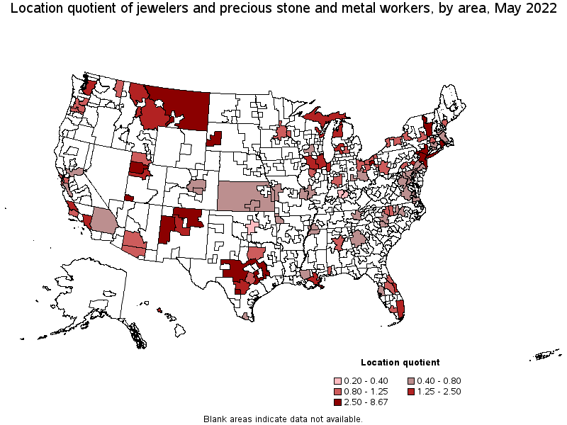 Map of location quotient of jewelers and precious stone and metal workers by area, May 2022