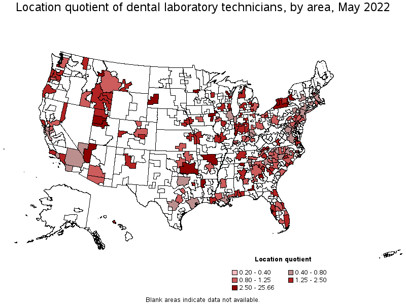 Map of location quotient of dental laboratory technicians by area, May 2022