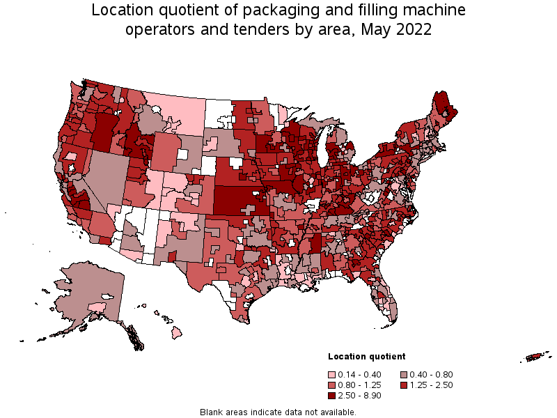 Map of location quotient of packaging and filling machine operators and tenders by area, May 2022