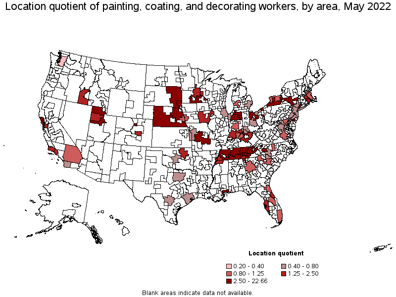 Map of location quotient of painting, coating, and decorating workers by area, May 2022