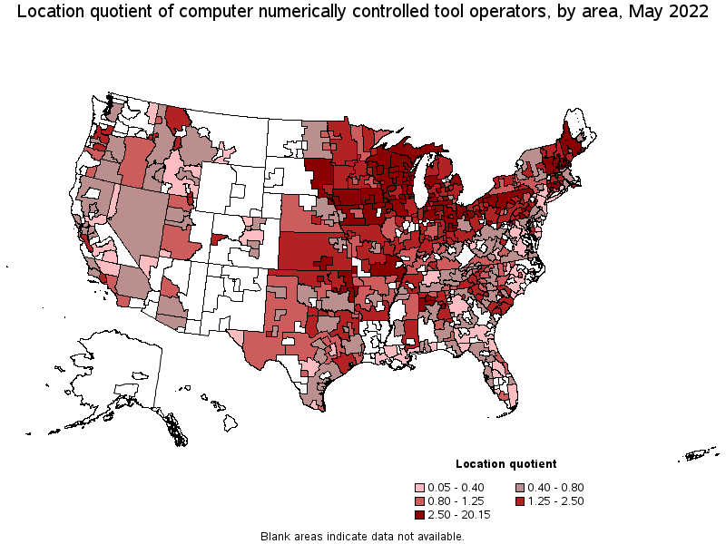 Map of location quotient of computer numerically controlled tool operators by area, May 2022