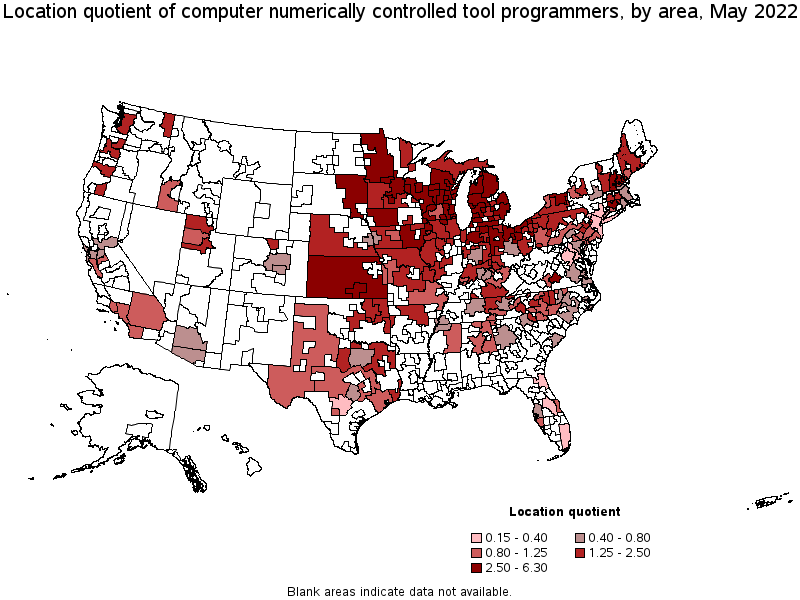 Map of location quotient of computer numerically controlled tool programmers by area, May 2022