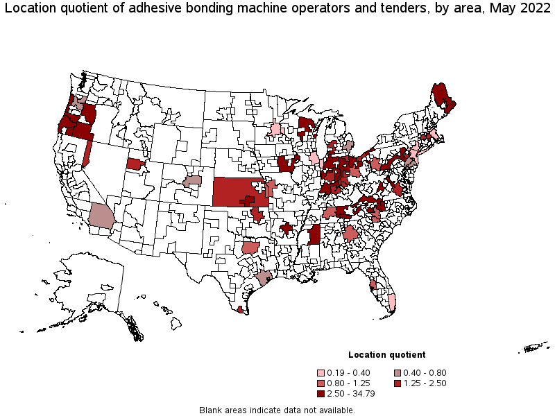 Map of location quotient of adhesive bonding machine operators and tenders by area, May 2022