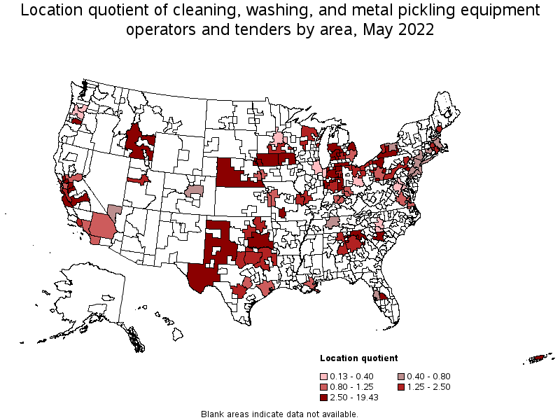 Map of location quotient of cleaning, washing, and metal pickling equipment operators and tenders by area, May 2022