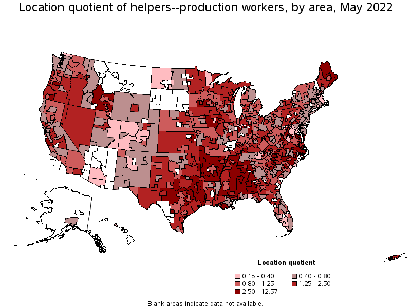 Map of location quotient of helpers--production workers by area, May 2022
