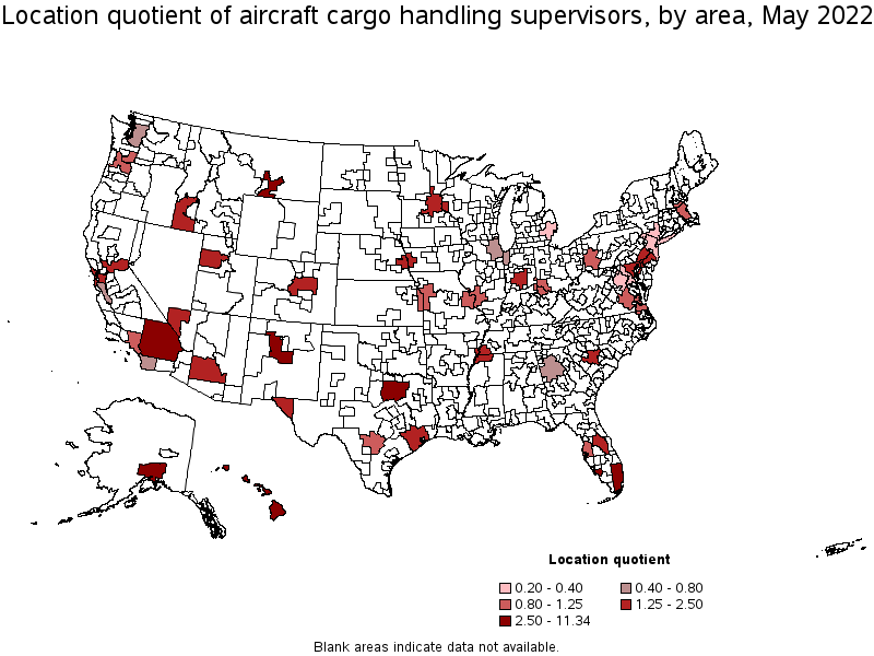 Map of location quotient of aircraft cargo handling supervisors by area, May 2022