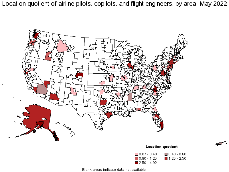 Map of location quotient of airline pilots, copilots, and flight engineers by area, May 2022