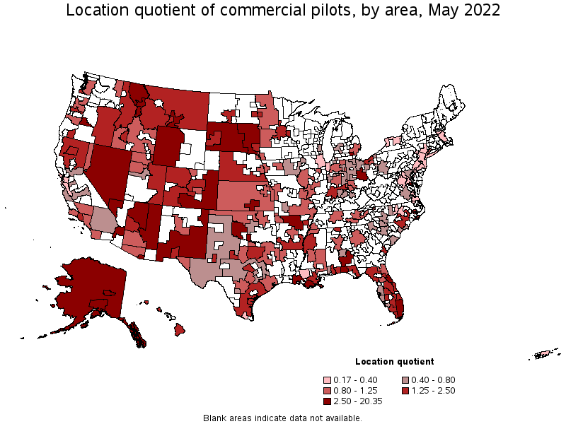 Map of location quotient of commercial pilots by area, May 2022
