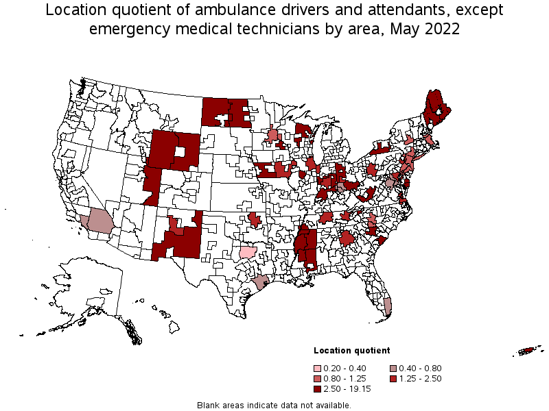 Map of location quotient of ambulance drivers and attendants, except emergency medical technicians by area, May 2022