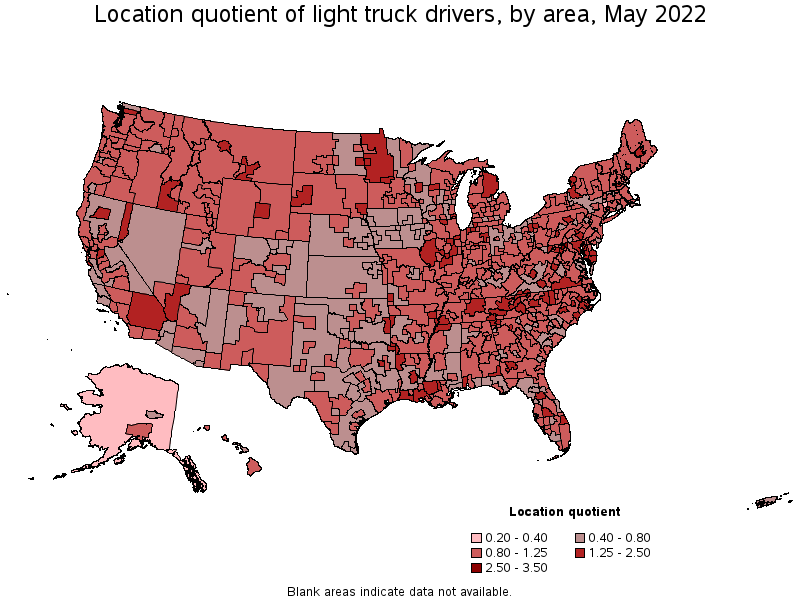 Map of location quotient of light truck drivers by area, May 2022