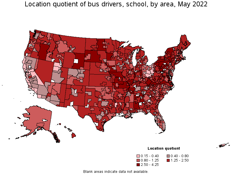 Map of location quotient of bus drivers, school by area, May 2022