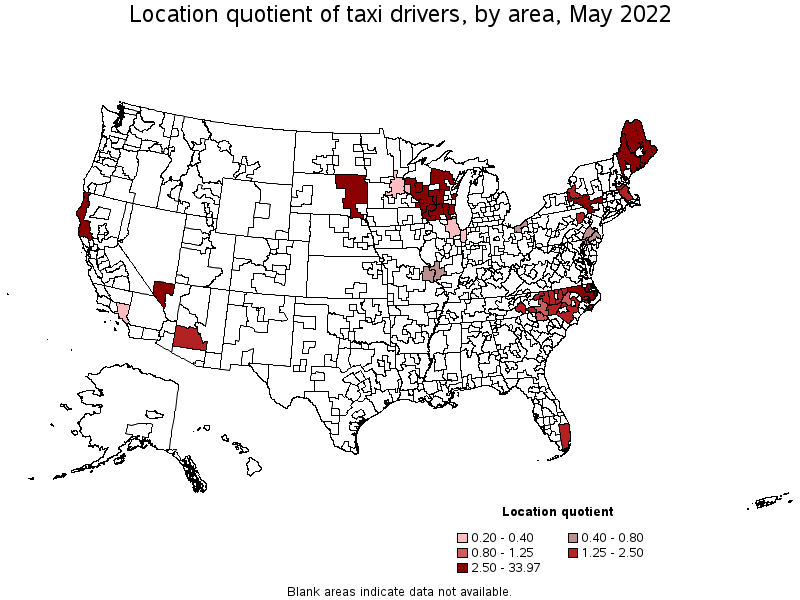 Map of location quotient of taxi drivers by area, May 2022