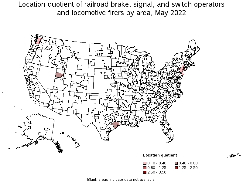 Map of location quotient of railroad brake, signal, and switch operators and locomotive firers by area, May 2022