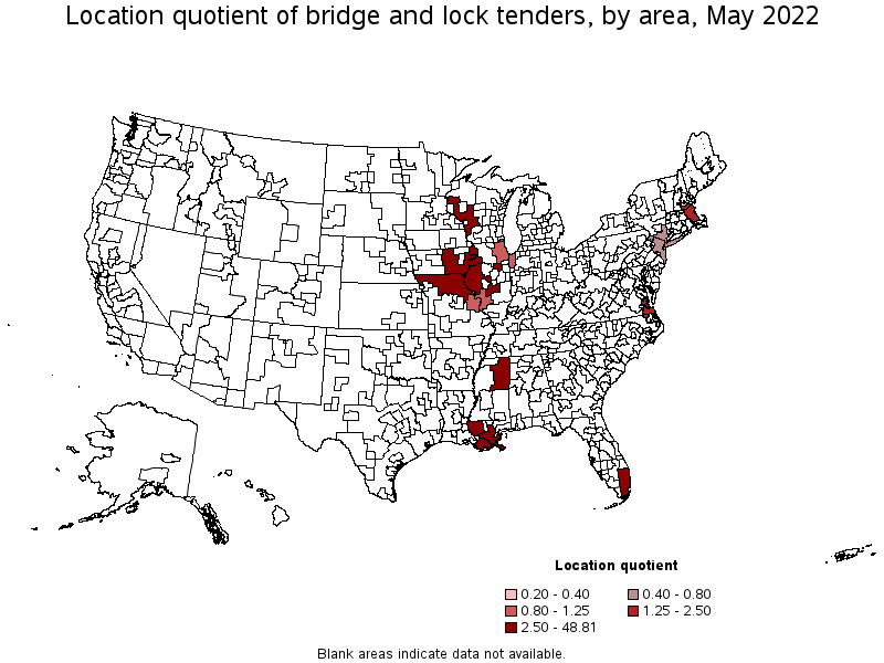 Map of location quotient of bridge and lock tenders by area, May 2022