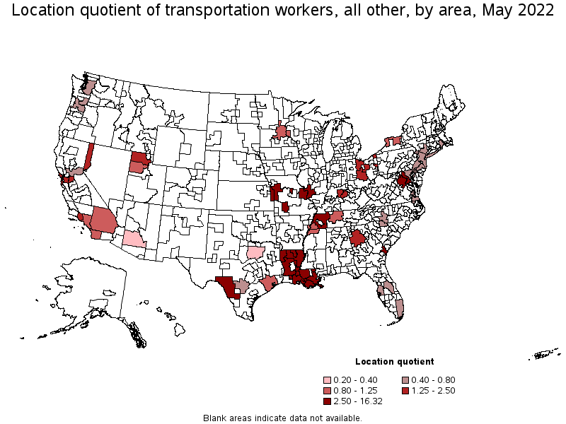 Map of location quotient of transportation workers, all other by area, May 2022