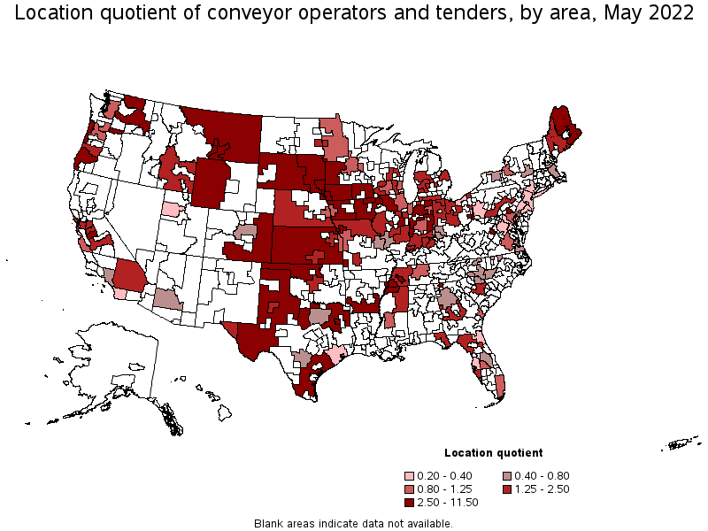 Map of location quotient of conveyor operators and tenders by area, May 2022
